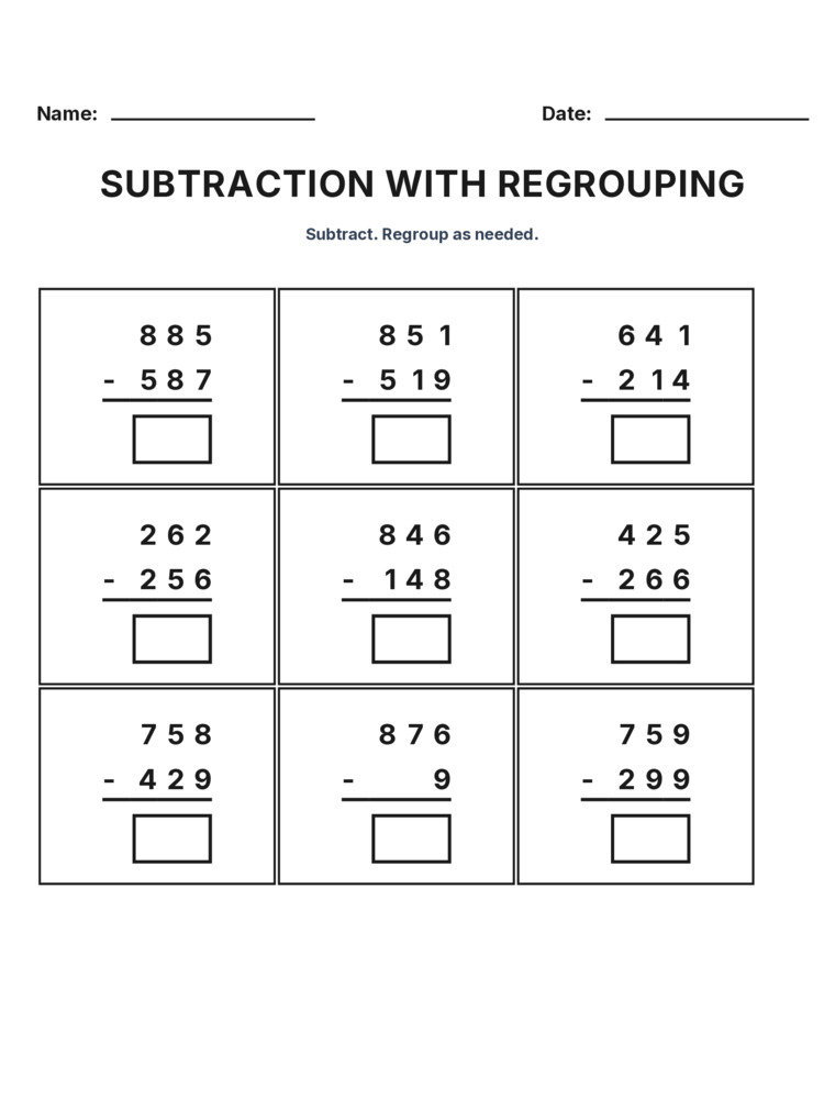 Grade 3 Subtraction Regrouping worksheet 22 for kids