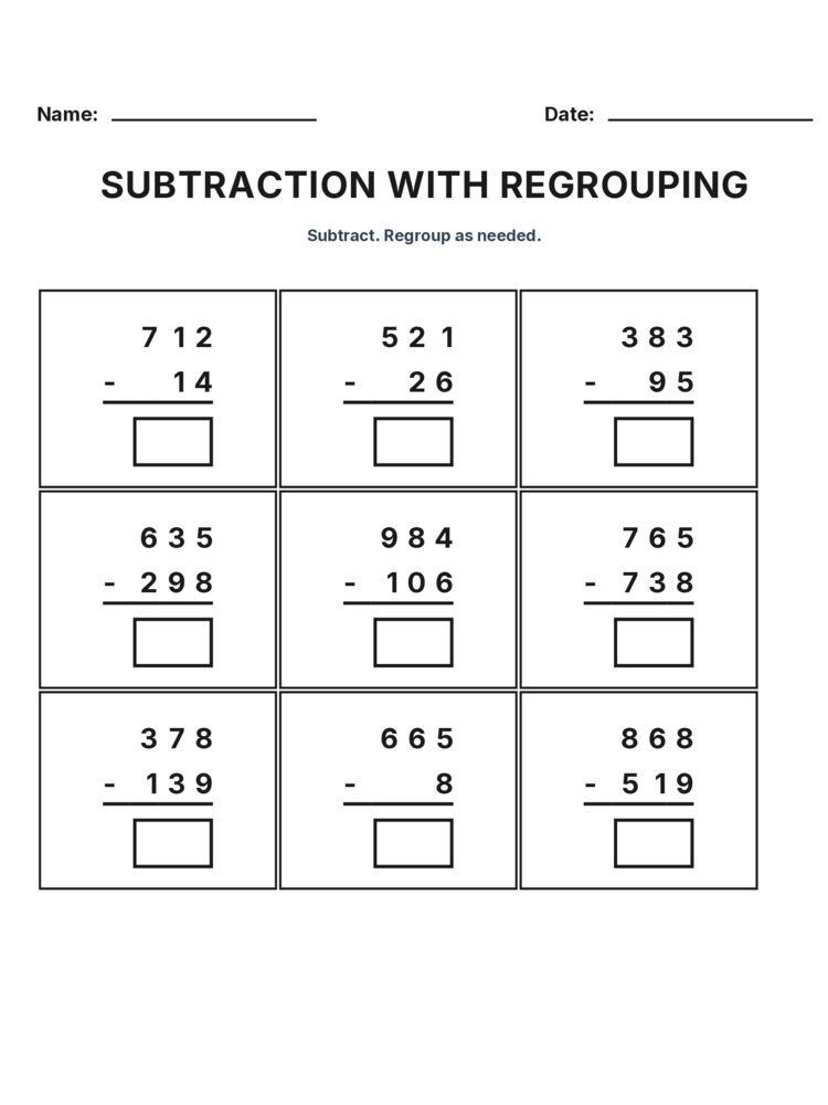 Grade 3 Subtraction Regrouping worksheet 23 for kids