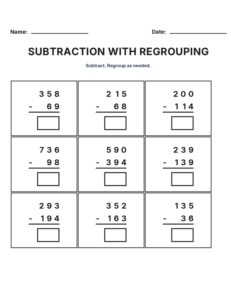 Grade 3 Subtraction Regrouping worksheet 24 for kids