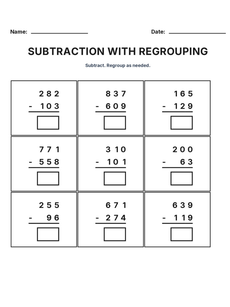 Grade 3 Subtraction Regrouping worksheet 25 for kids