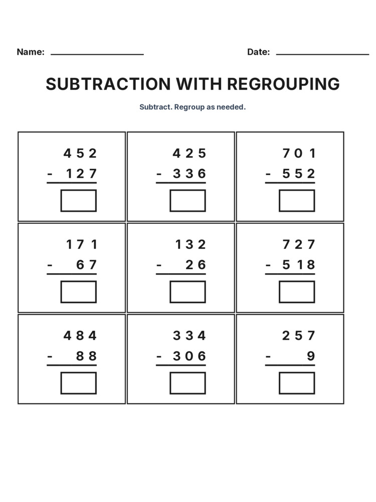 Grade 3 Subtraction Regrouping worksheet 26 for kids