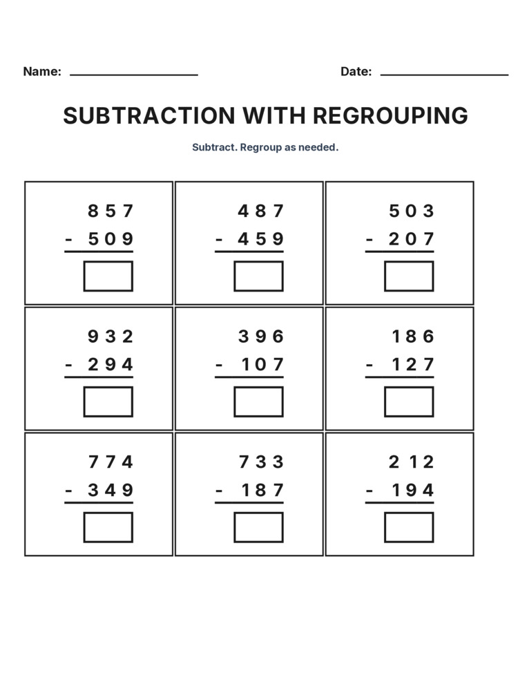 Grade 3 Subtraction Regrouping worksheet 27 for kids