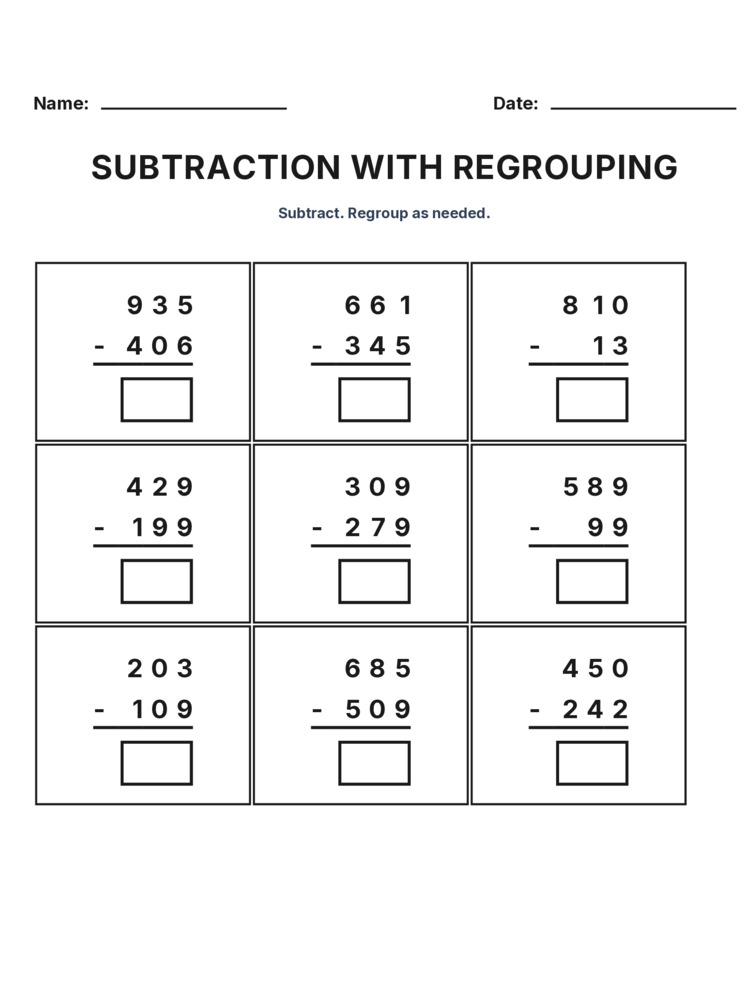 Grade 3 Subtraction Regrouping worksheet 28 for kids