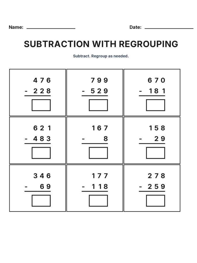 Grade 3 Subtraction Regrouping worksheet 29 for kids