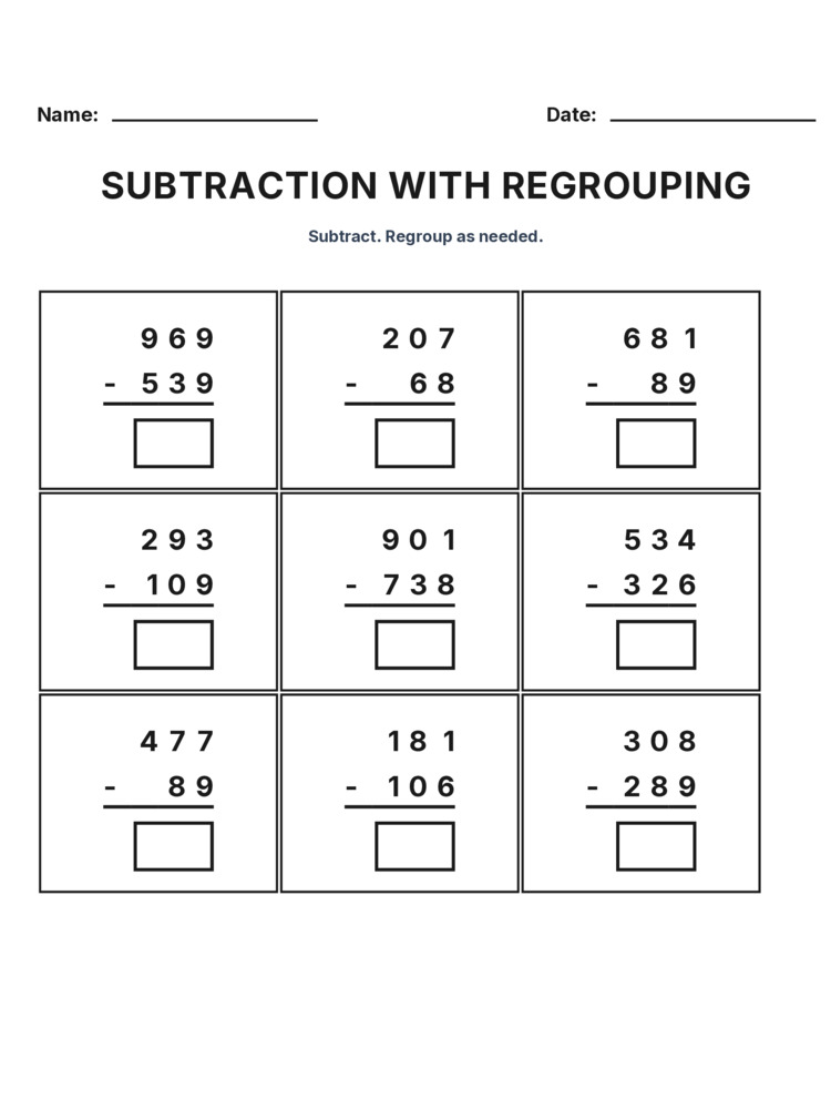 Grade 3 Subtraction Regrouping worksheet 3 for kids