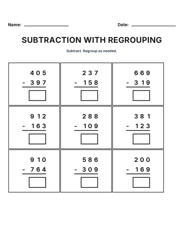 Grade 3 Subtraction Regrouping worksheet 30 for kids