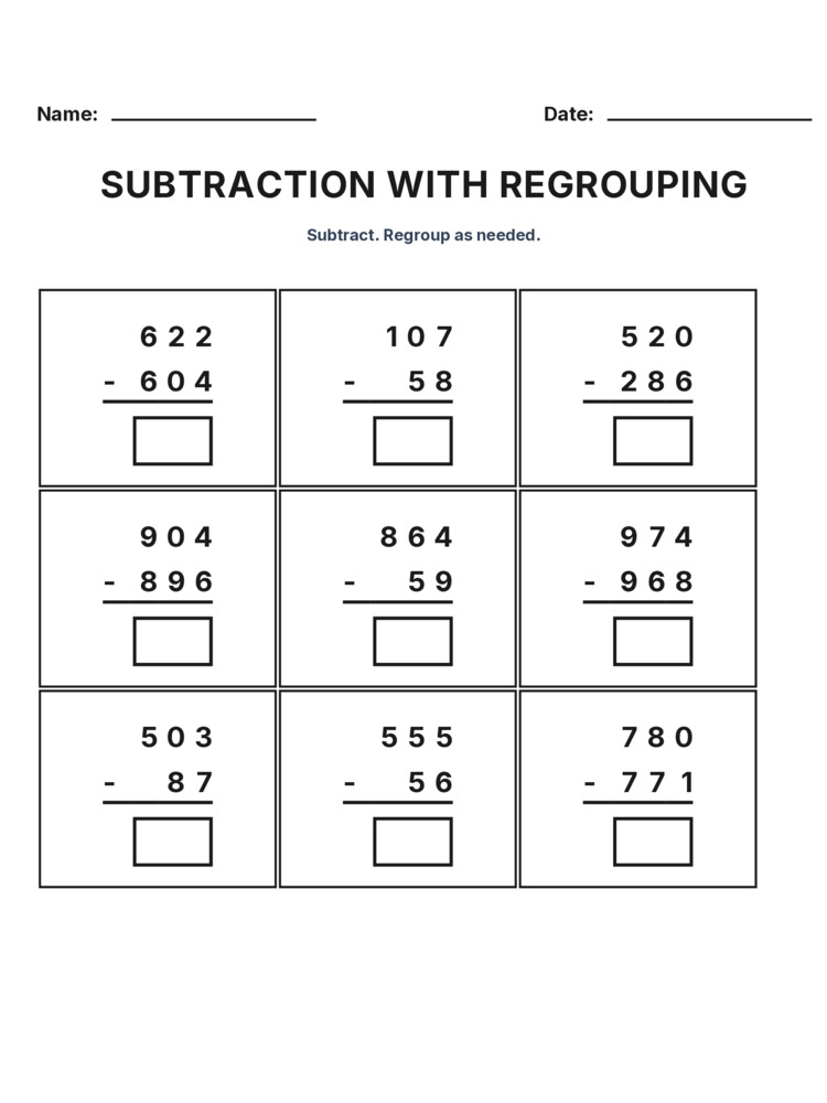 Grade 3 Subtraction Regrouping worksheet 4 for kids