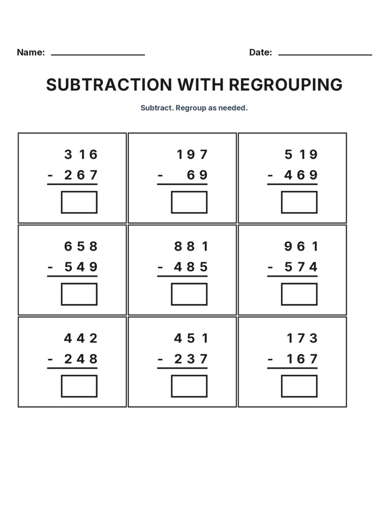 Grade 3 Subtraction Regrouping worksheet 5 for kids