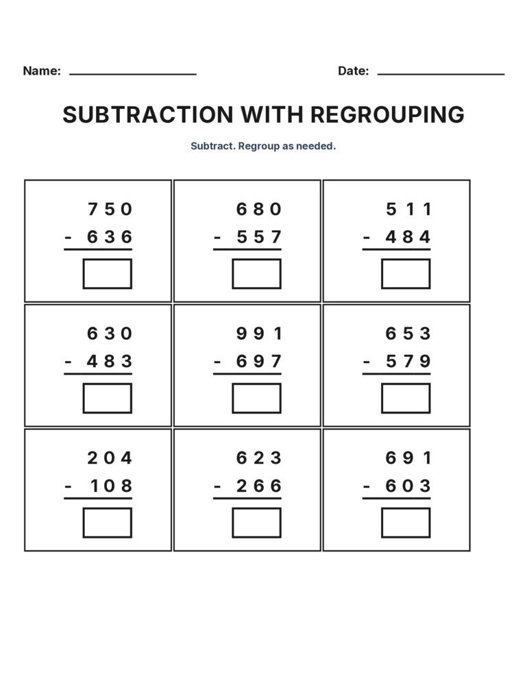 Grade 3 Subtraction Regrouping worksheet 6 for kids