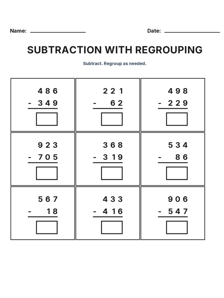 Grade 3 Subtraction Regrouping worksheet 7 for kids