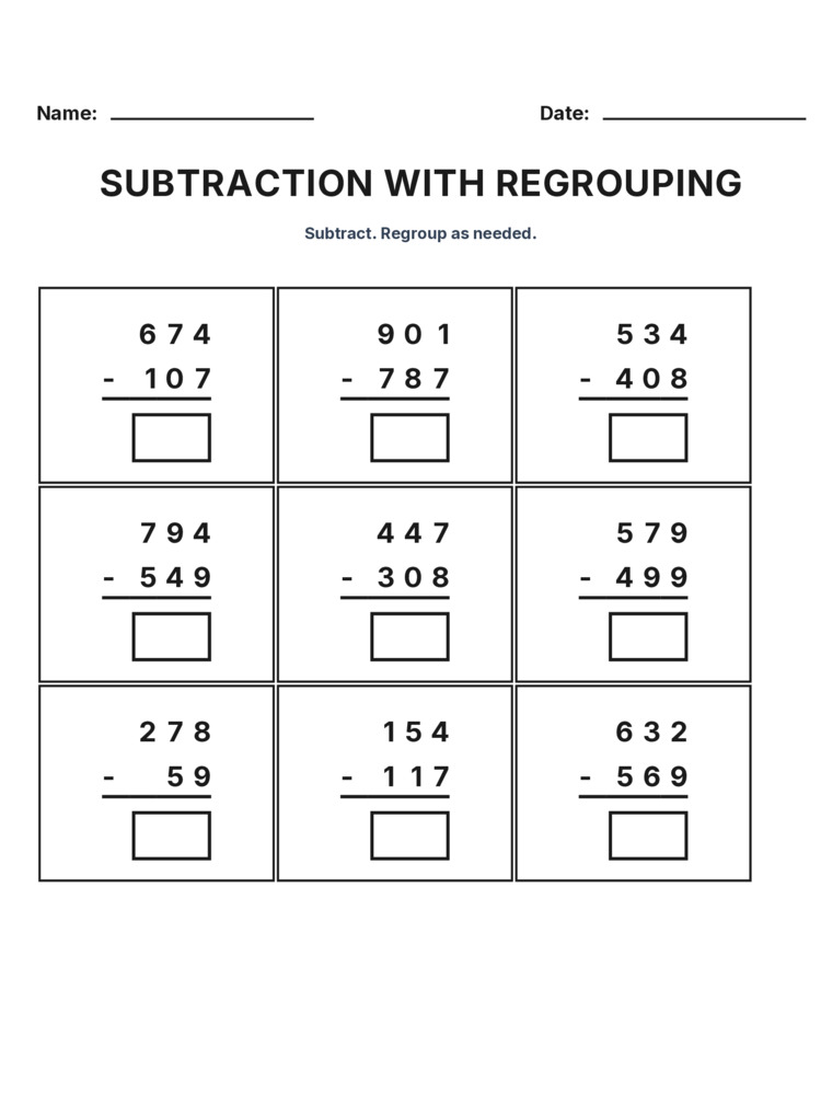 Grade 3 Subtraction Regrouping worksheet 8 for kids