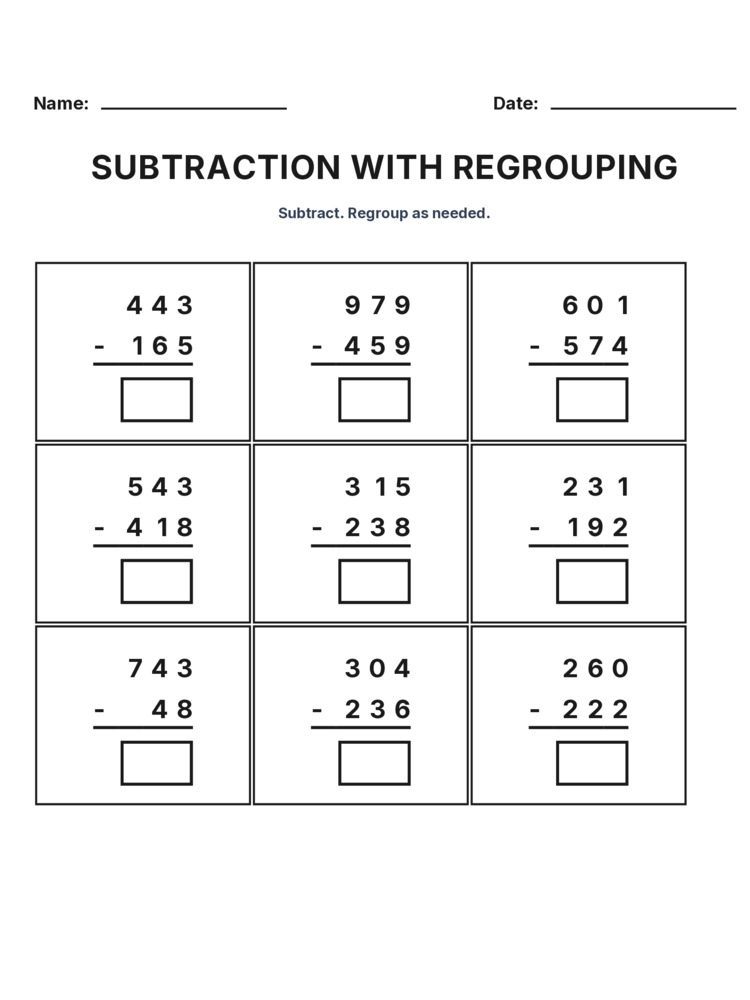 Grade 3 Subtraction Regrouping worksheet 9 for kids