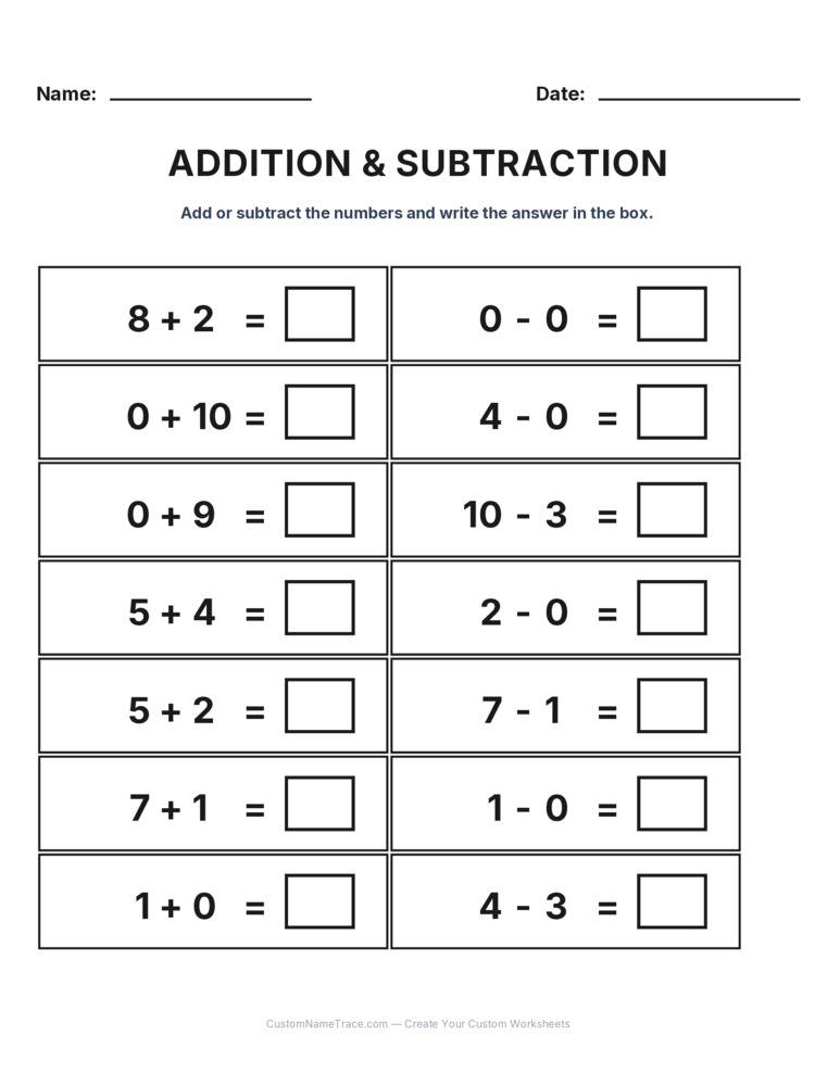 Kindergarten Addition & Subtraction Mixed Review worksheet 10 for kids