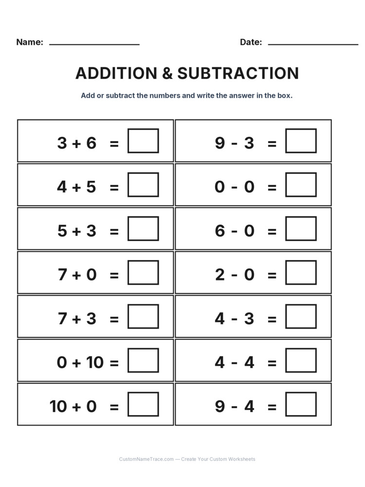 Kindergarten Addition & Subtraction Mixed Review worksheet 11 for kids