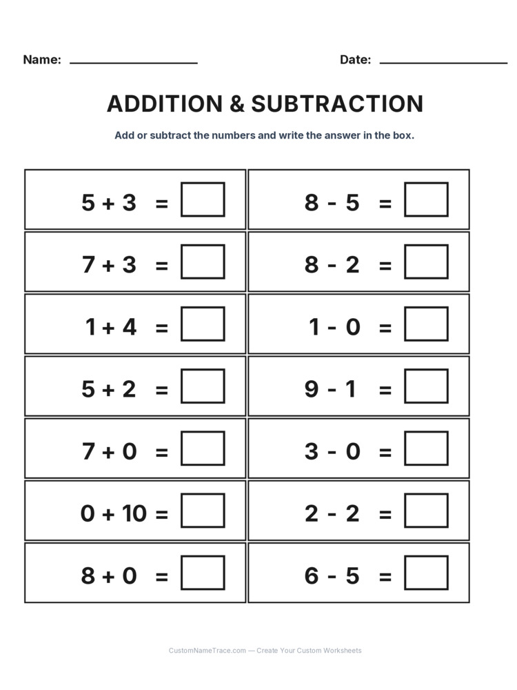 Kindergarten Addition & Subtraction Mixed Review worksheet 12 for kids