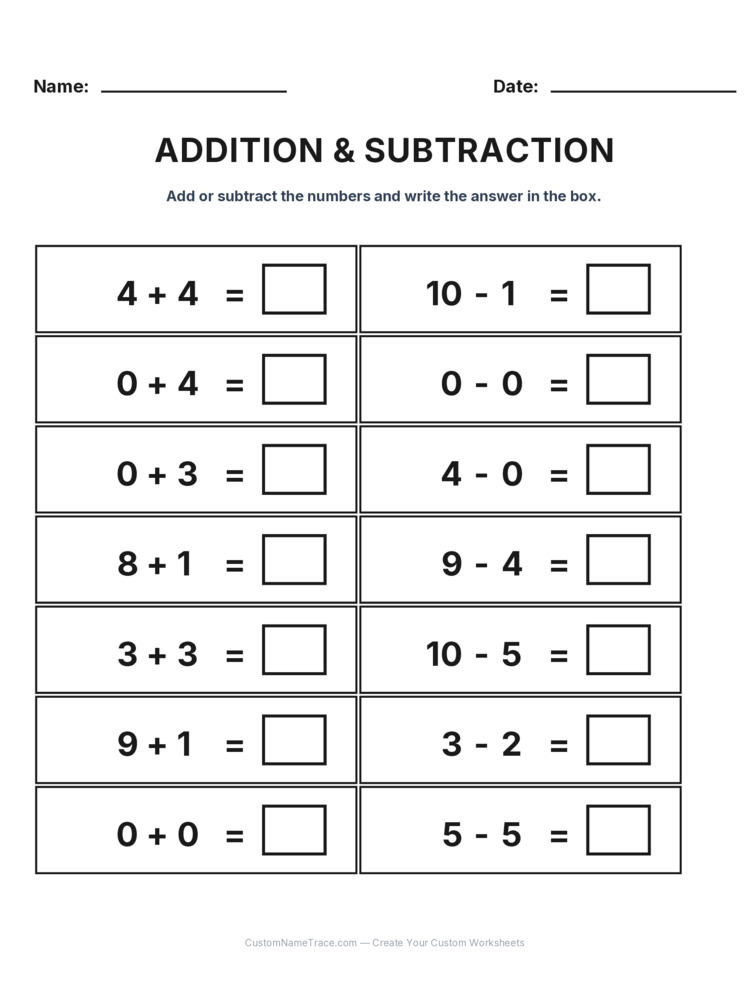 Kindergarten Addition & Subtraction Mixed Review worksheet 16 for kids