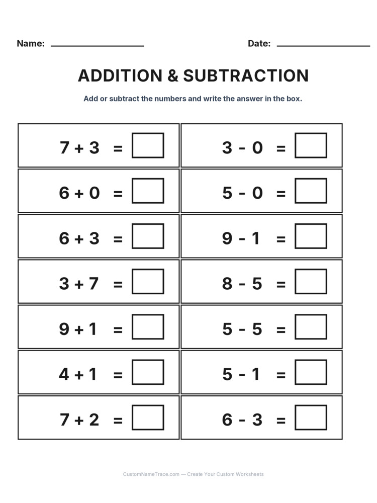 Kindergarten Addition & Subtraction Mixed Review worksheet 18 for kids