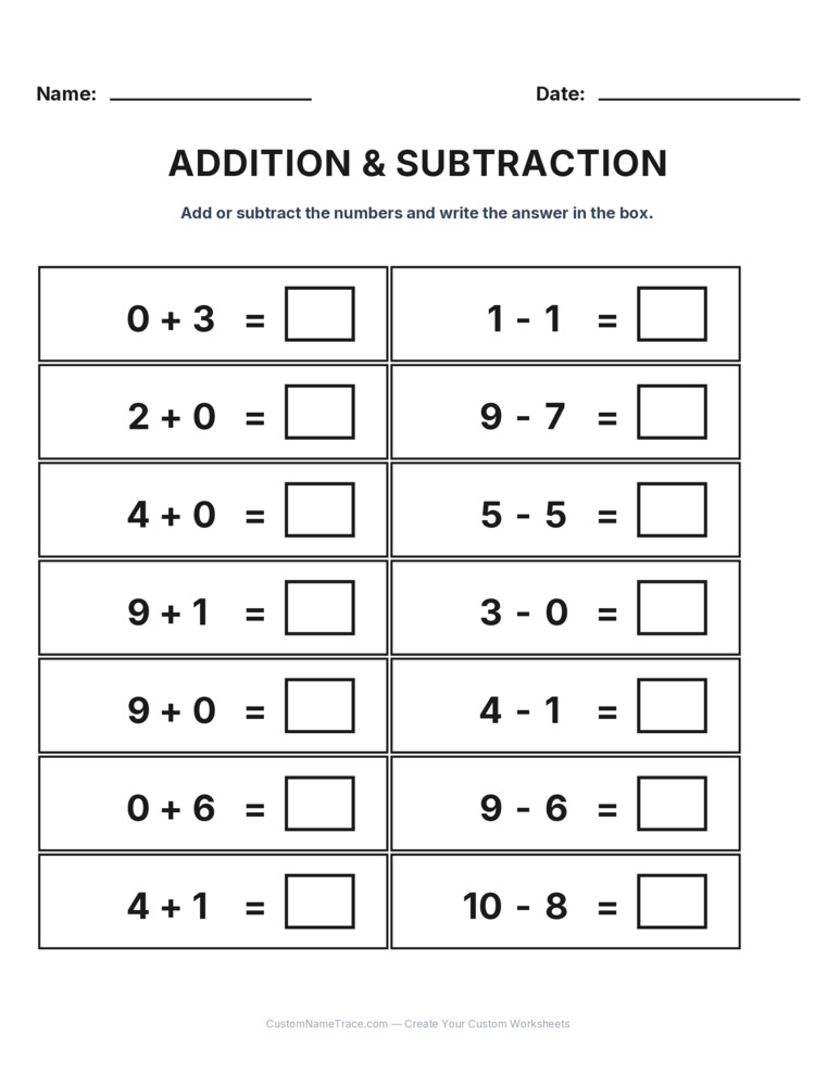 Kindergarten Addition & Subtraction Mixed Review worksheet 2 for kids