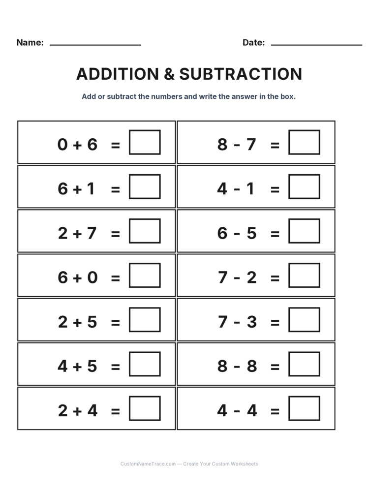 Kindergarten Addition & Subtraction Mixed Review worksheet 3 for kids