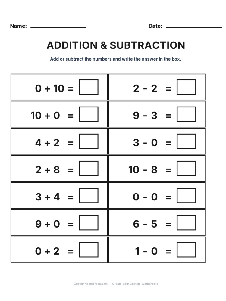 Kindergarten Addition & Subtraction Mixed Review worksheet 4 for kids