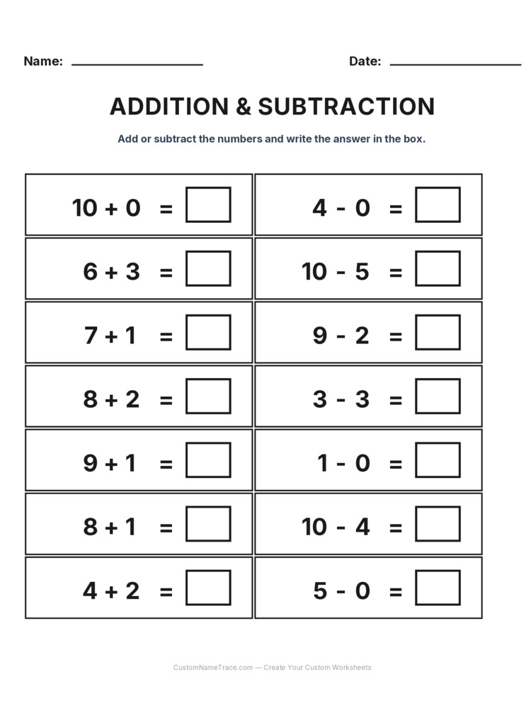 Kindergarten Addition & Subtraction Mixed Review worksheet 5 for kids