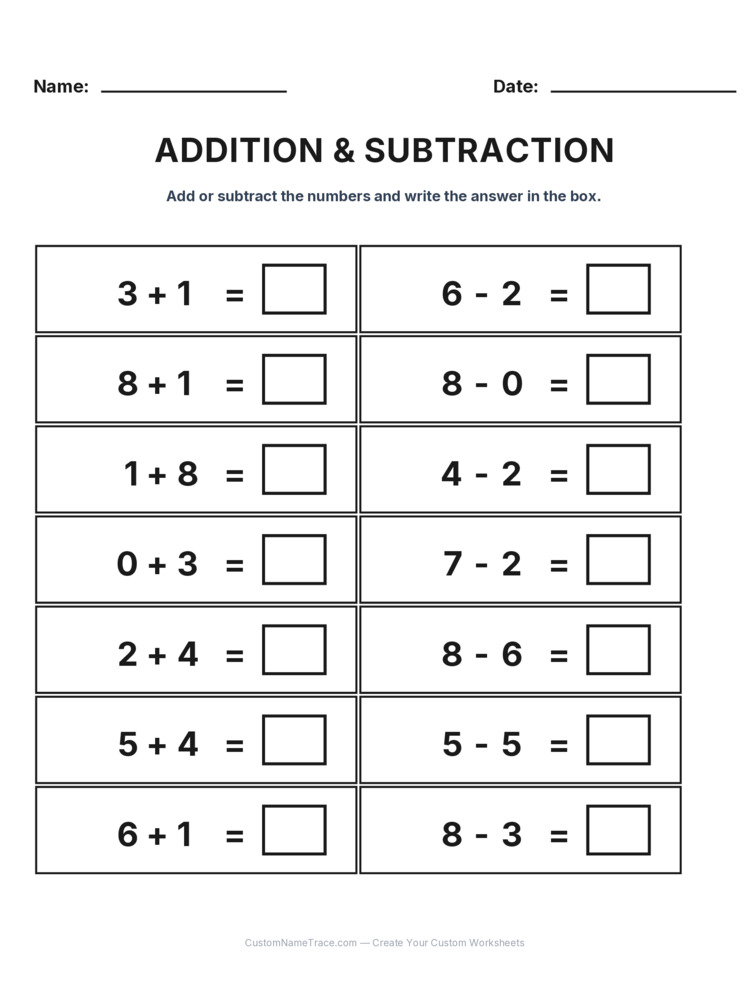 Kindergarten Addition & Subtraction Mixed Review worksheet 6 for kids