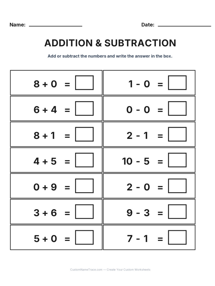 Kindergarten Addition & Subtraction Mixed Review worksheet 7 for kids