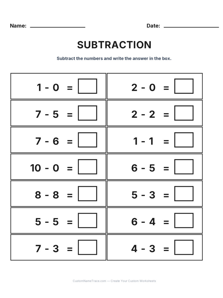 Kindergarten Subtraction Within 10 worksheet 1 for kids