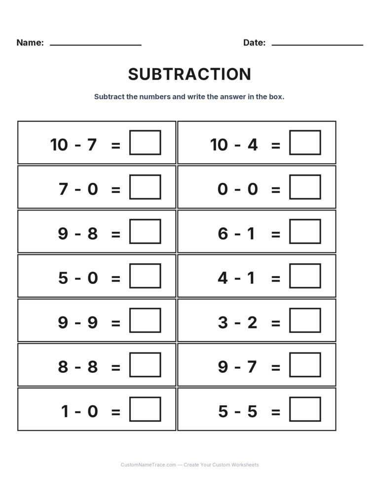 Kindergarten Subtraction Within 10 worksheet 10 for kids