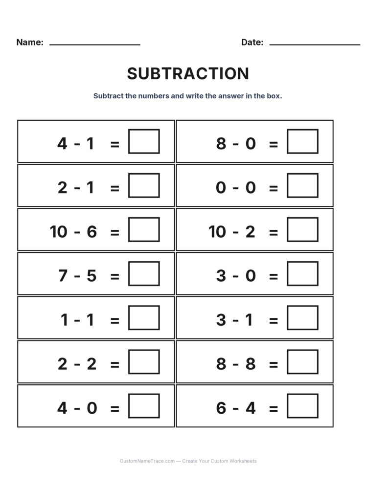 Kindergarten Subtraction Within 10 worksheet 2 for kids