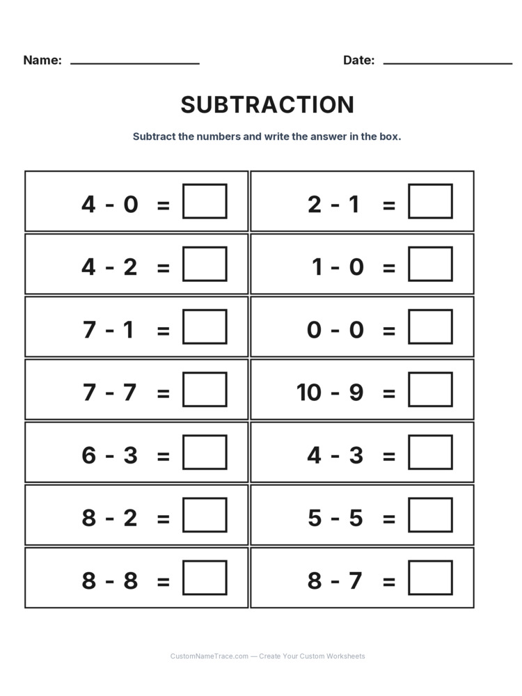 Kindergarten Subtraction Within 10 worksheet 4 for kids