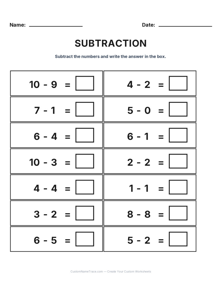 Kindergarten Subtraction Within 10 worksheet 5 for kids