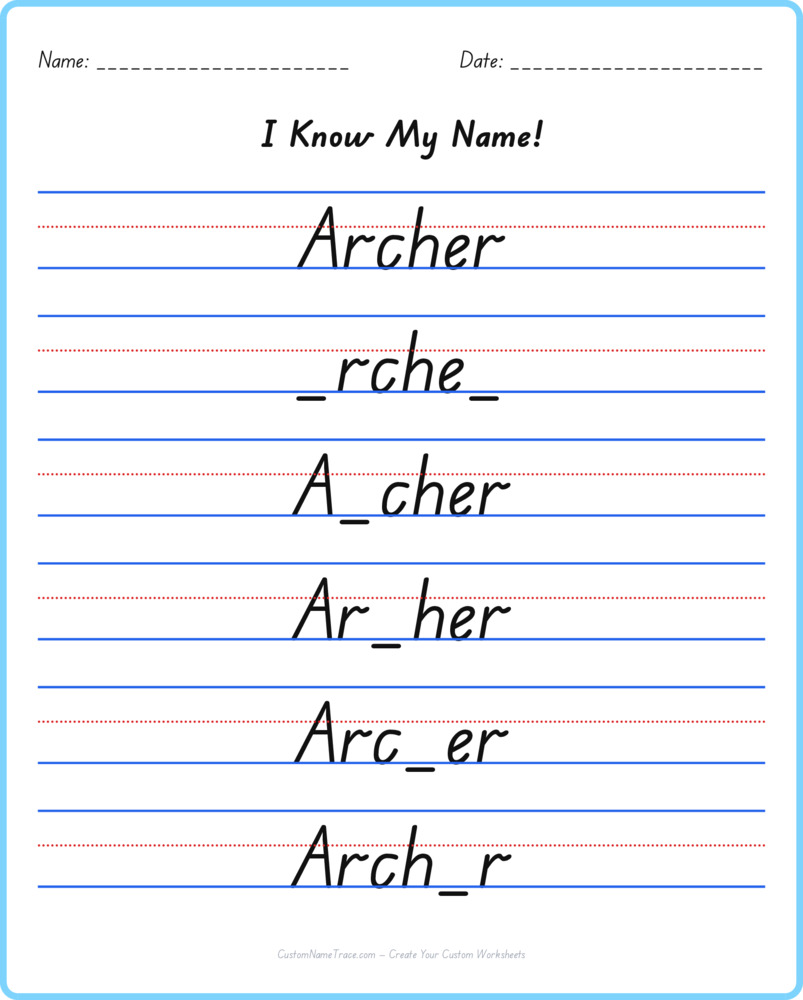 Free Archer custom name tracing - fill-in-the-blank free worksheet