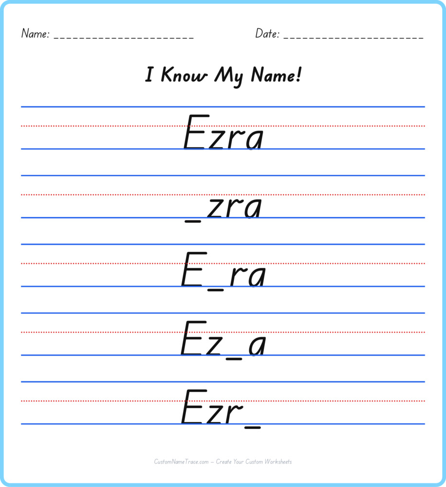 Free Ezra custom name tracing - fill-in-the-blank free worksheet