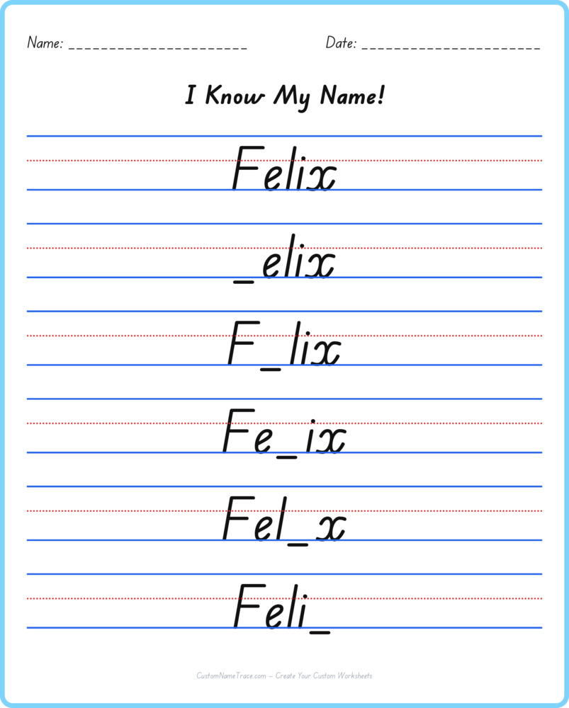 Free Felix custom name tracing - fill-in-the-blank free worksheet