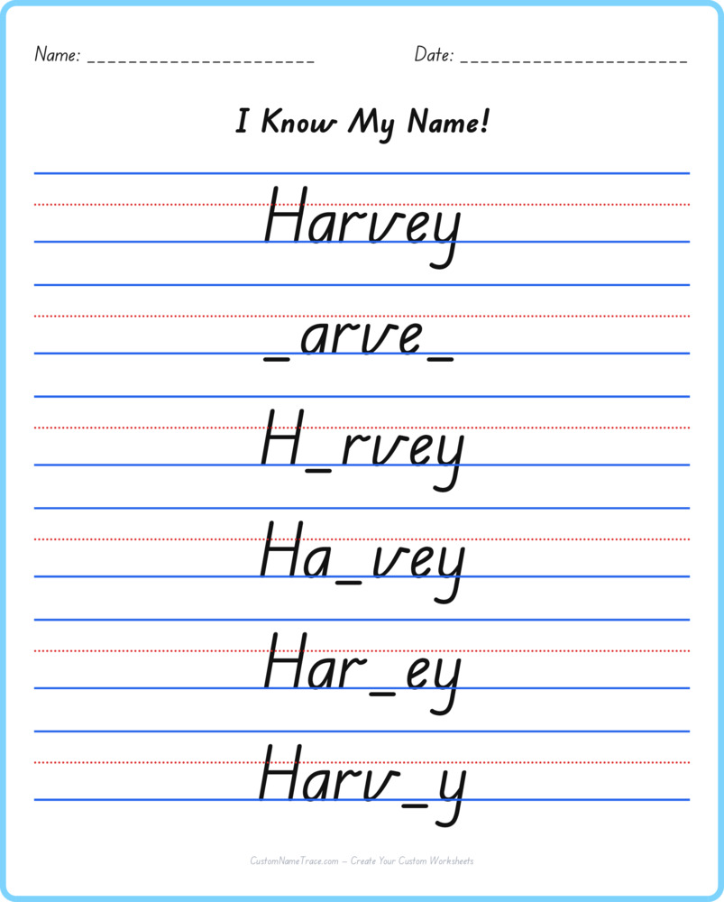 Free Harvey custom name tracing - fill-in-the-blank free worksheet