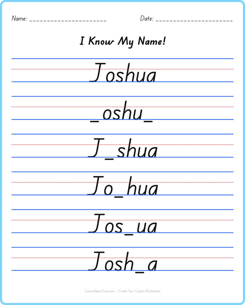 Free Joshua custom name tracing - fill-in-the-blank free worksheet