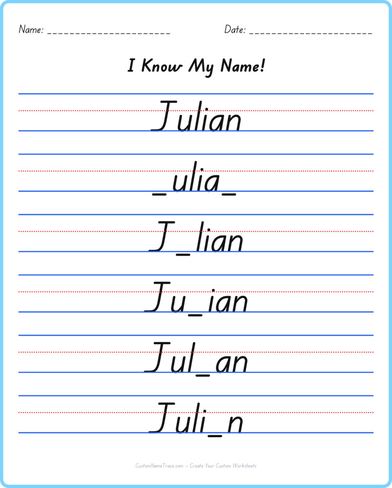 Free Julian custom name tracing - fill-in-the-blank free worksheet