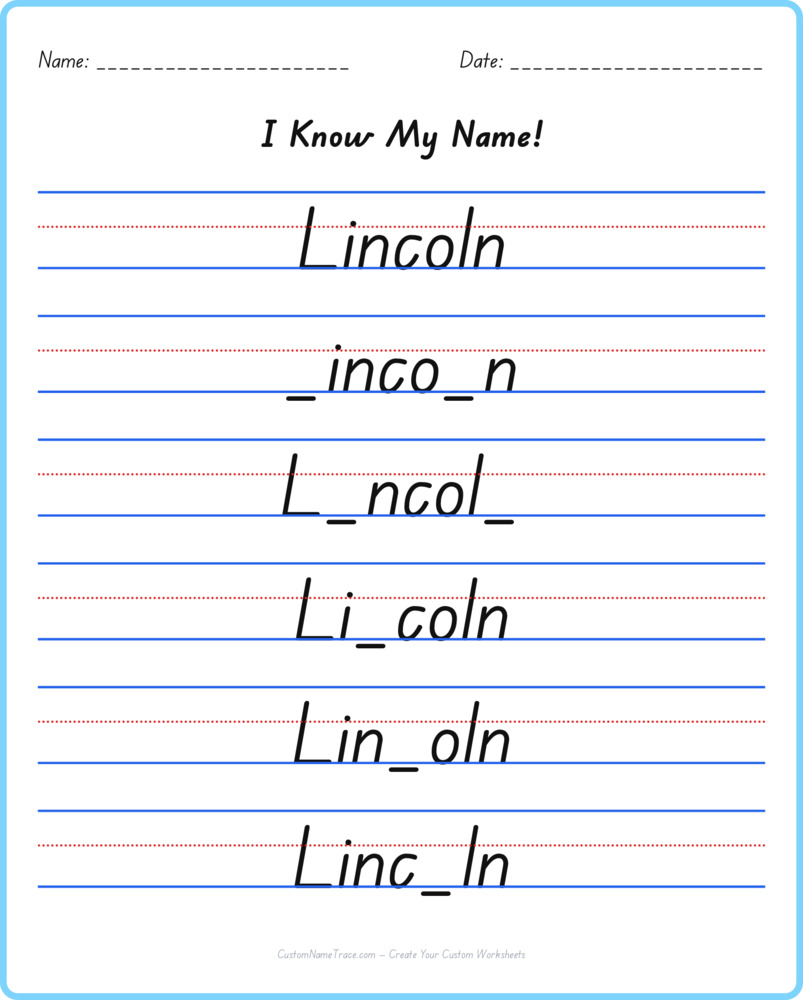 Free Lincoln custom name tracing - fill-in-the-blank free worksheet