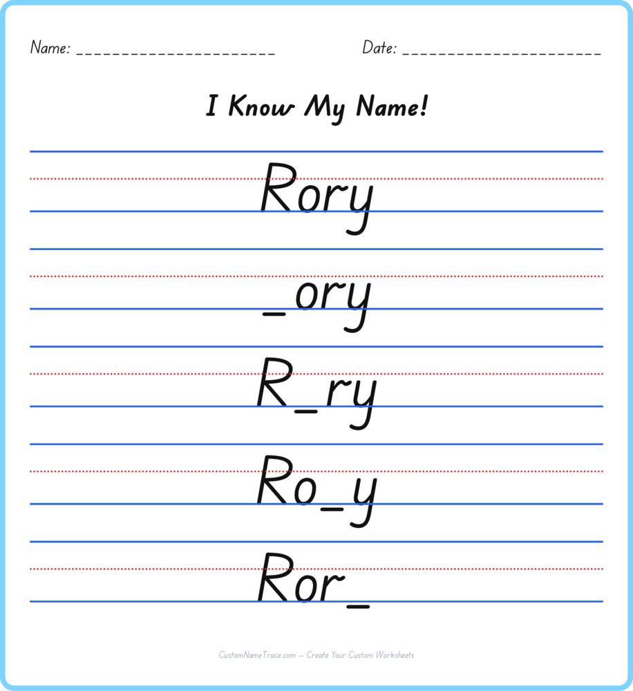 Free Rory custom name tracing - fill-in-the-blank free worksheet
