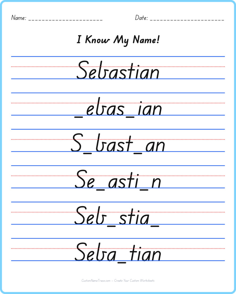 Free Sebastian custom name tracing - fill-in-the-blank free worksheet