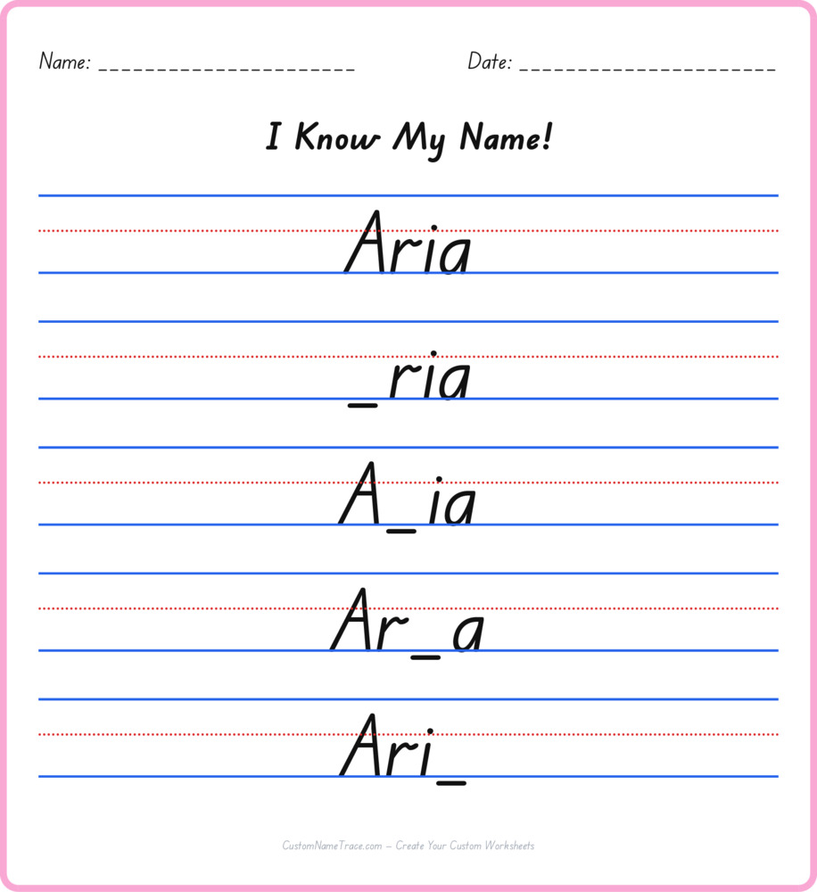 Free Aria custom name tracing - fill-in-the-blank free worksheet