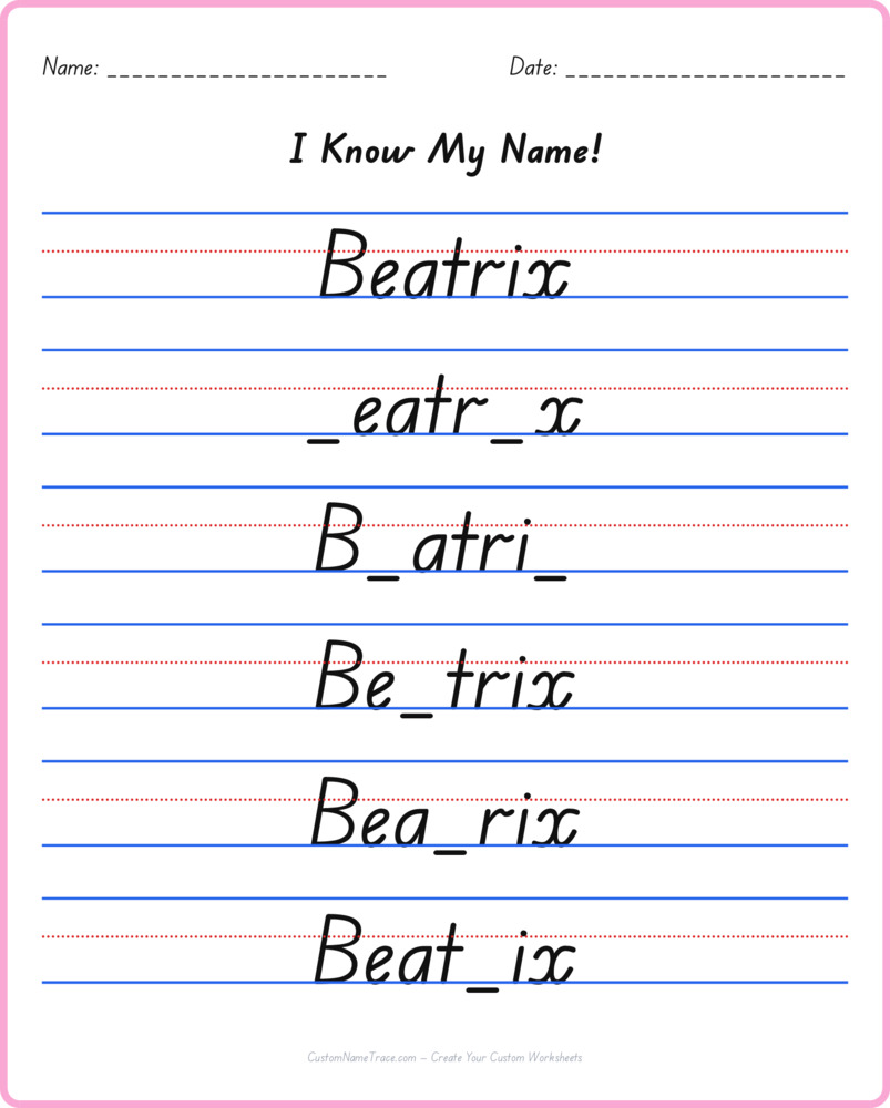 Free Beatrix custom name tracing - fill-in-the-blank free worksheet
