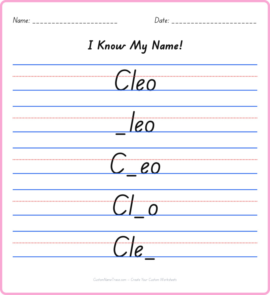 Free Cleo custom name tracing - fill-in-the-blank free worksheet