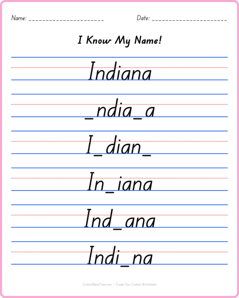 Free Indiana custom name tracing - fill-in-the-blank free worksheet
