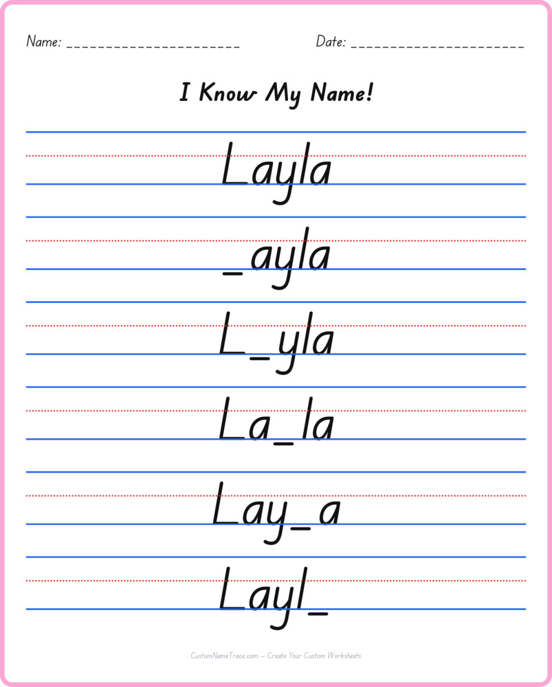 Free Layla custom name tracing - fill-in-the-blank free worksheet