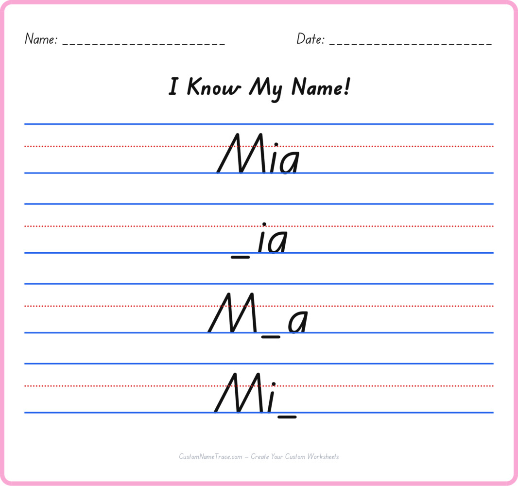 Free Mia custom name tracing - fill-in-the-blank free worksheet