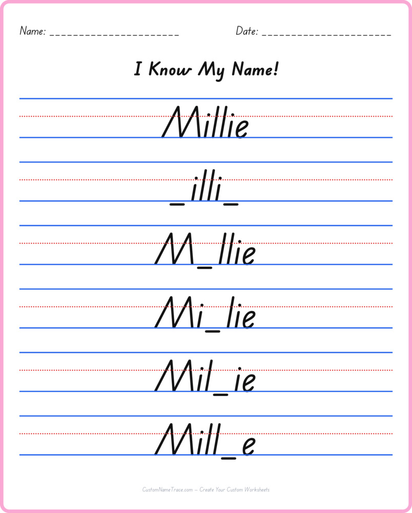 Free Millie custom name tracing - fill-in-the-blank free worksheet