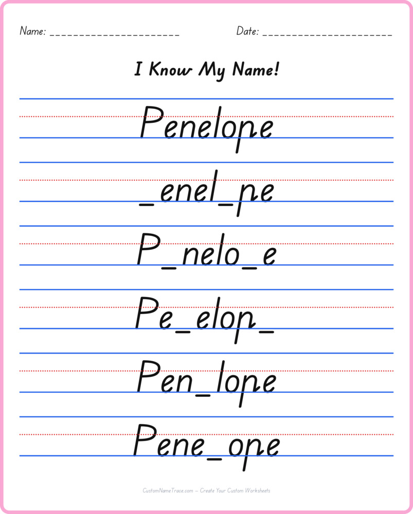 Free Penelope custom name tracing - fill-in-the-blank free worksheet