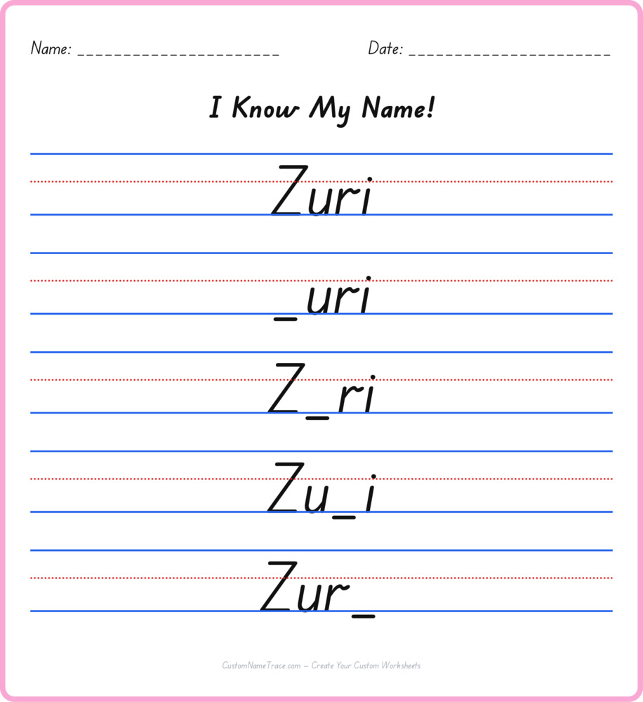 Free Zuri custom name tracing - fill-in-the-blank free worksheet